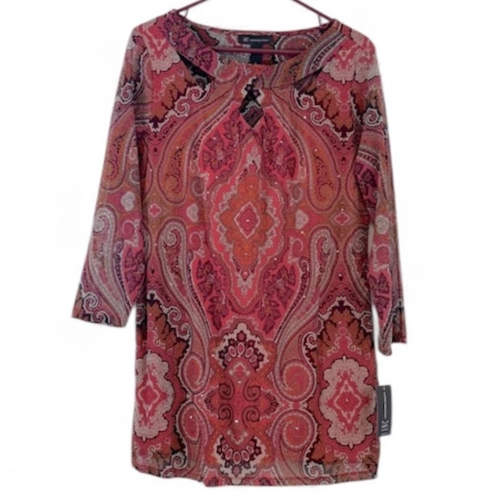 INC International Concepts Blouse large dark coral Multicolor Paisley Beaded